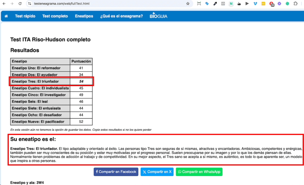 Resultados del test de eneagrama