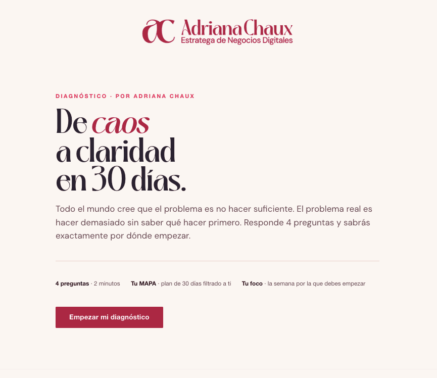 Vista del test de diagnóstico que haces tras registrarte